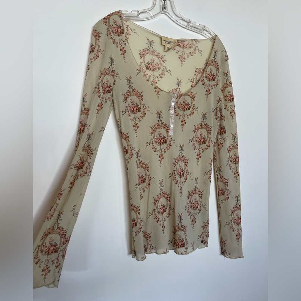 Y2K Ralph Lauren Denim & Supply Cream Pink Floral Print Long Sleeve Sheer Henley